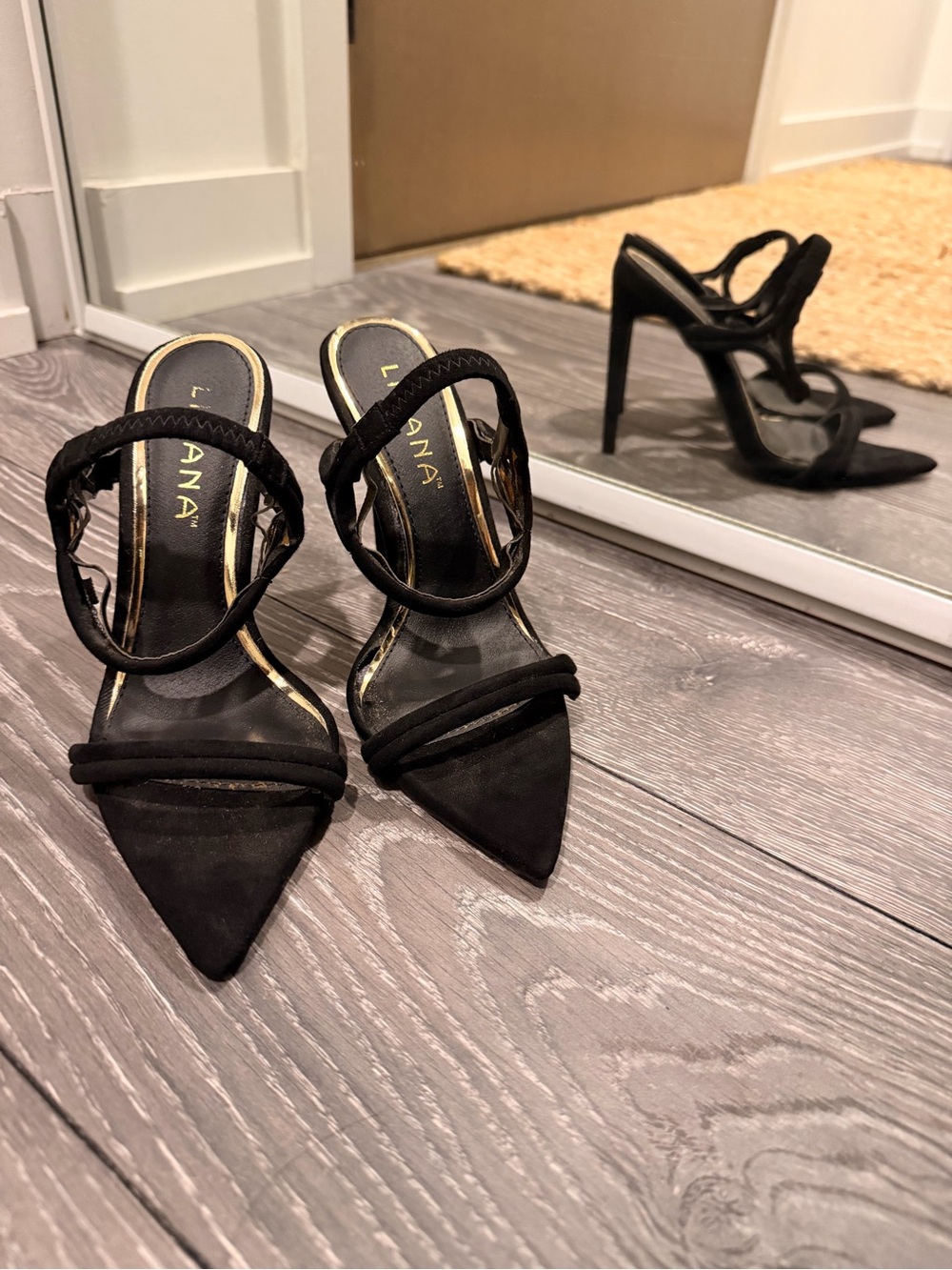 Liliana Black Strappy Pointed-Toe Stiletto Heels